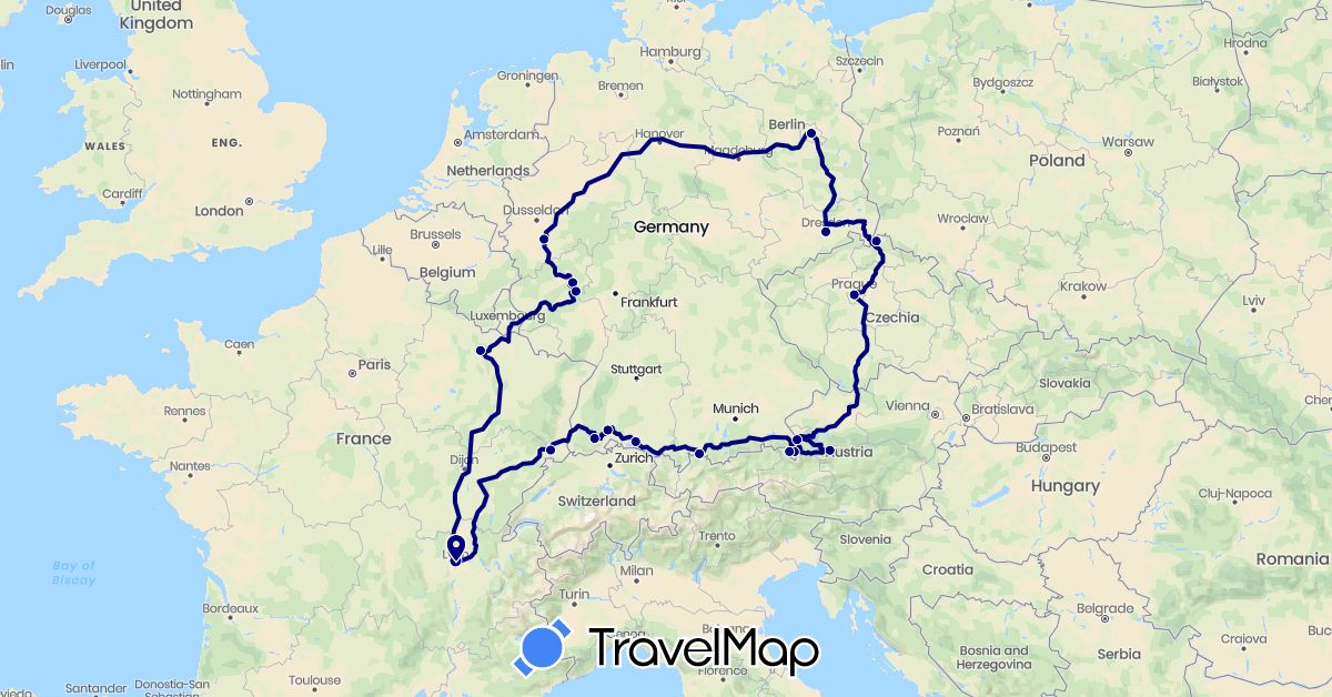 TravelMap itinerary: driving in Austria, Czech Republic, Germany, France, Poland (Europe)